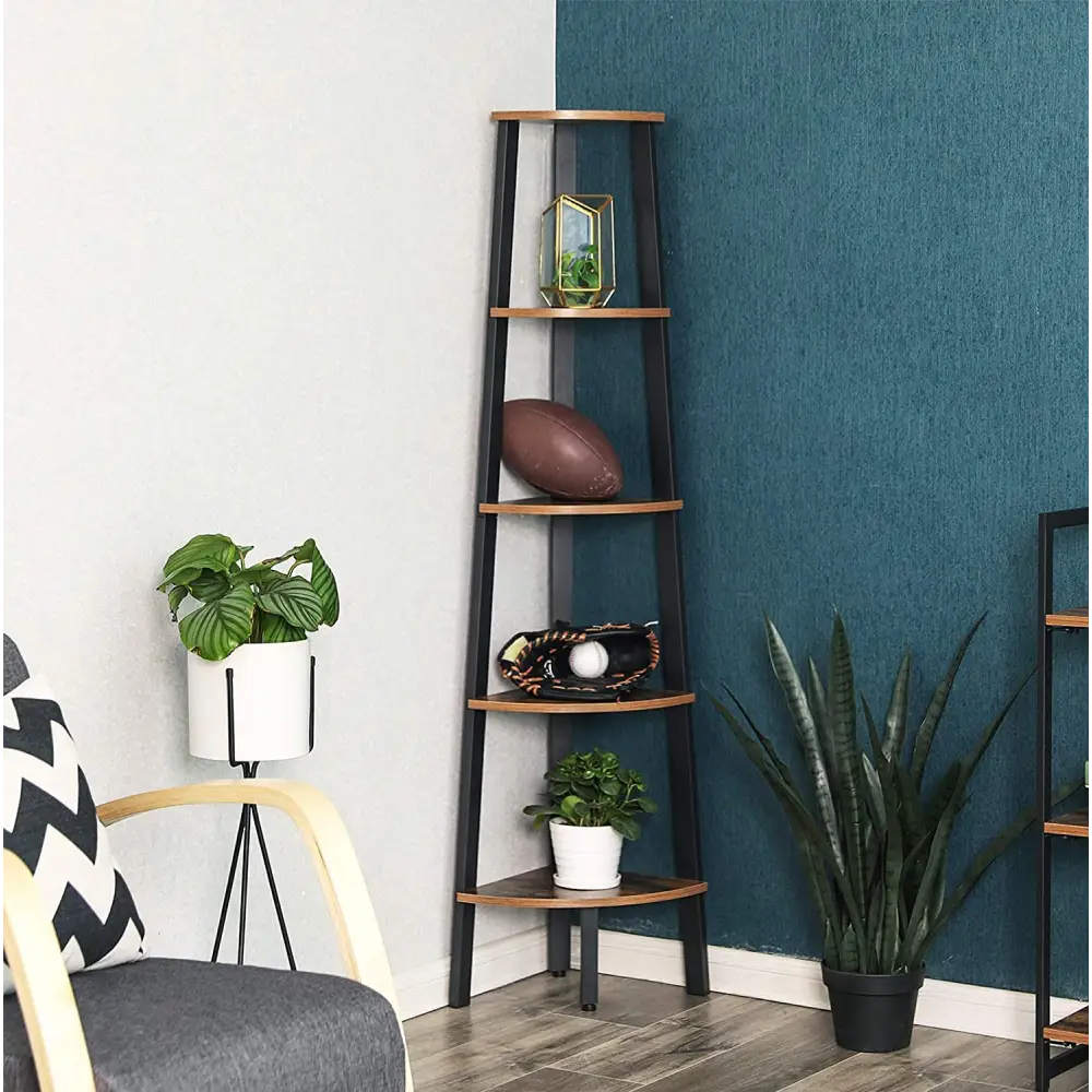 Rustic Brown Metal Frame 5 Tier Corner Shelf - Home & Garden > Storage
