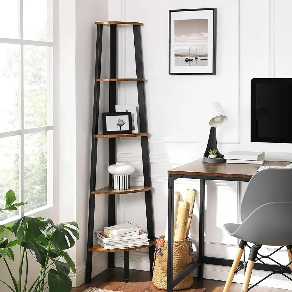 Rustic Brown Metal Frame 5 Tier Corner Shelf - Home & Garden > Storage