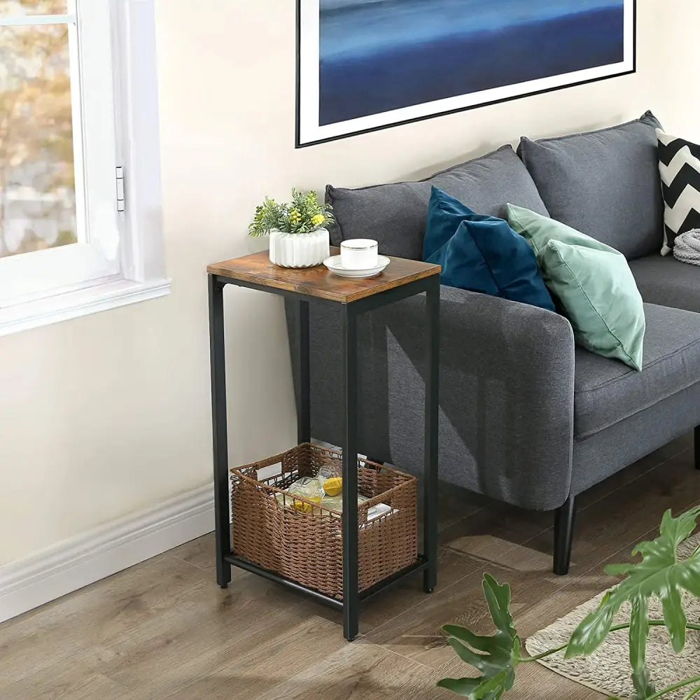 Rustic Brown Side Table with Mesh Shelf - Furniture > Living Room