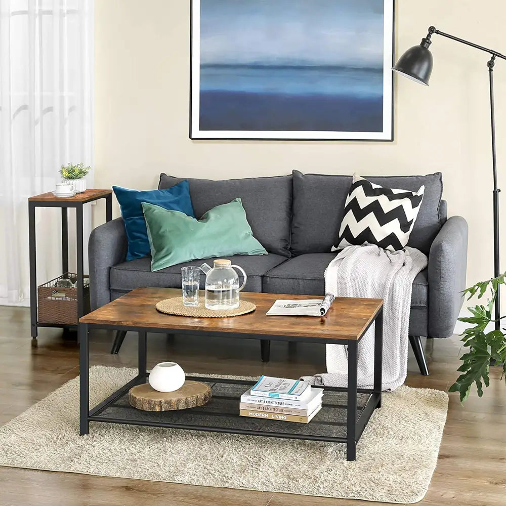 Rustic Brown Side Table with Mesh Shelf - Furniture > Living Room