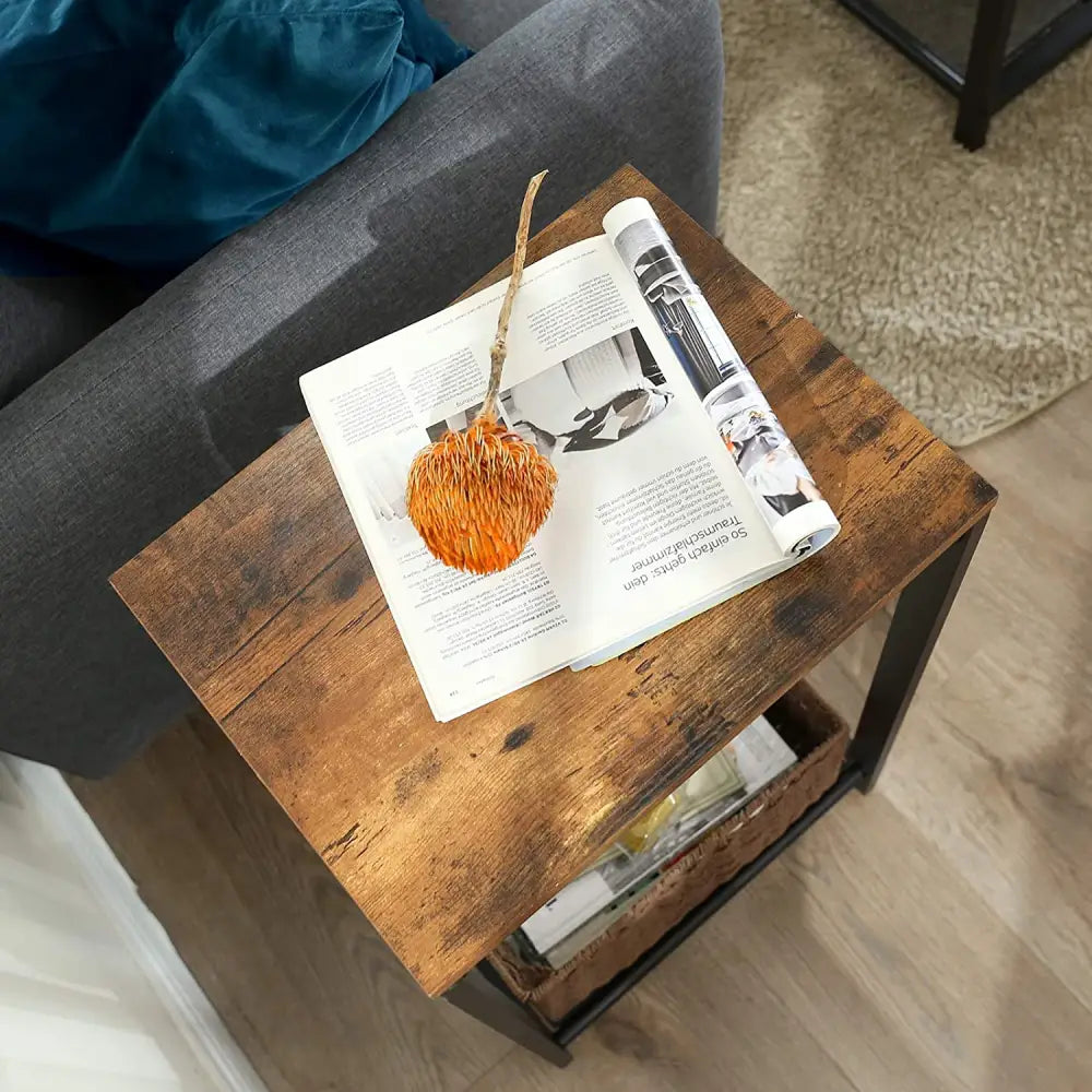 Rustic Brown Side Table with Mesh Shelf - Furniture > Living Room