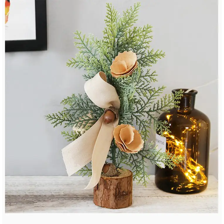 Rustic Mini Tabletop Greenery Ornament – 10 Inches Tall with Burlap Bow and Acorn Accents (4 trees) - Occasions >
