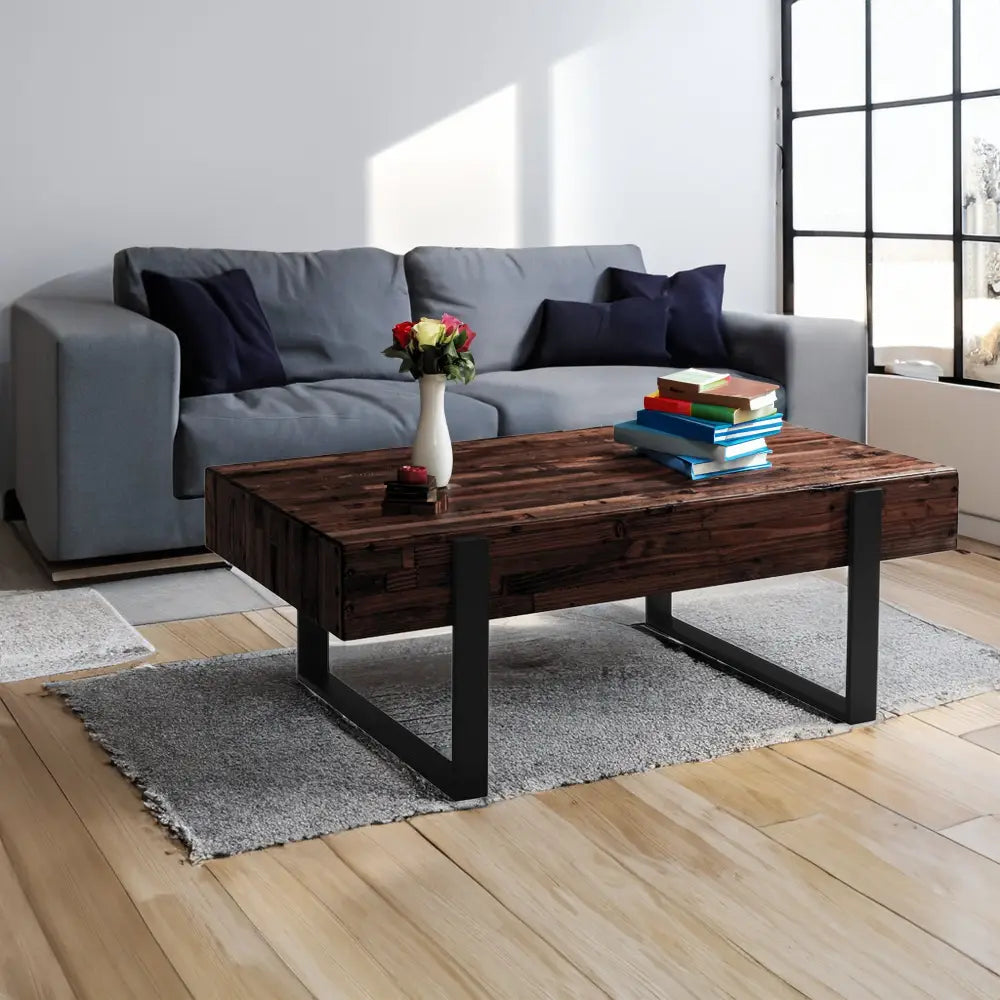Rustica 120cm Coffee Table with Metal Leg Pine Wood Top Black - Furniture > Living Room