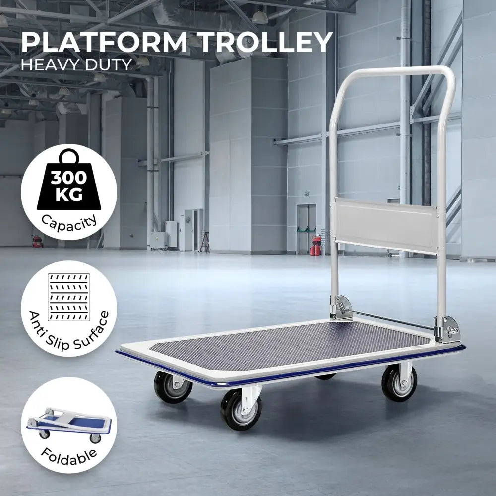RYNOMATE Foldable Platform Trolley with 4 Wheels (Blue and White) RNM-FPT-100-QY - Home & Garden > Storage
