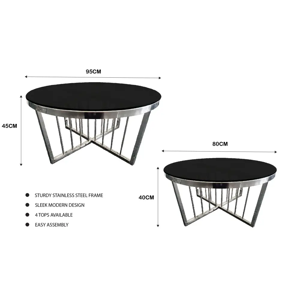 Salina Coffee Table 80cm Silver Base - Black Glass - Furniture > Living Room