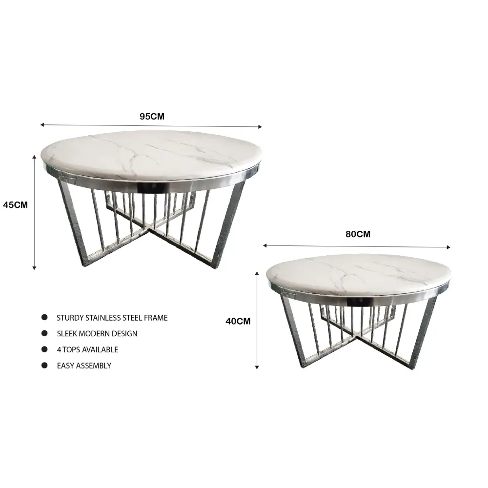 Salina Coffee Table 80cm Silver Base - White Marble - Furniture > Living Room