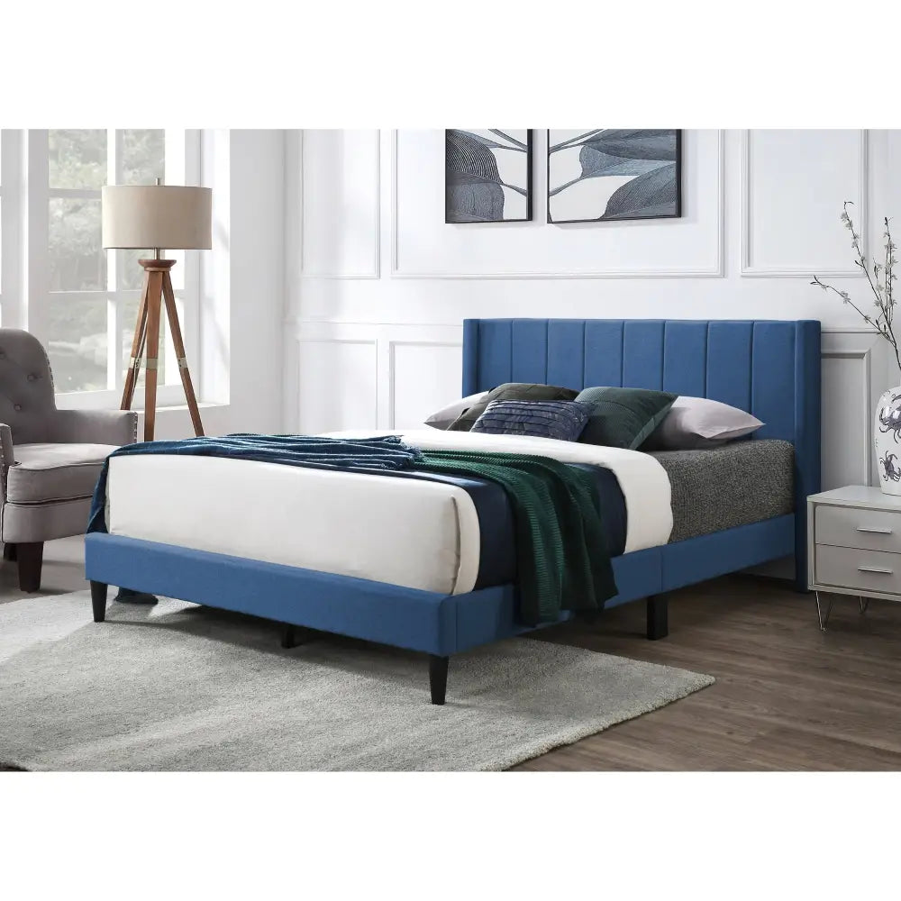 Samson Double Bed Winged Headboard Fabric Upholstered - Blue - Furniture > Bedroom