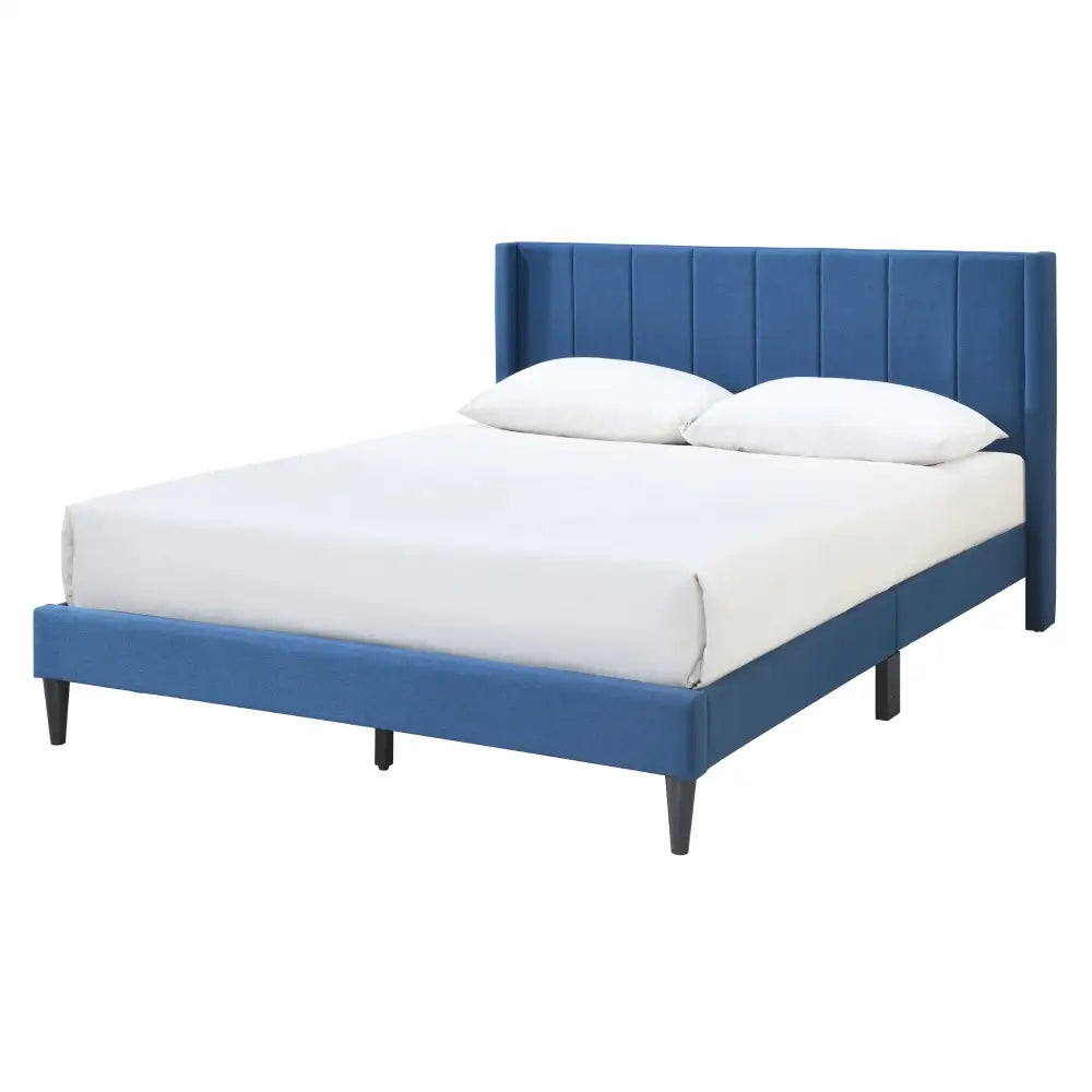 Samson Double Bed Winged Headboard Fabric Upholstered - Blue - Furniture > Bedroom