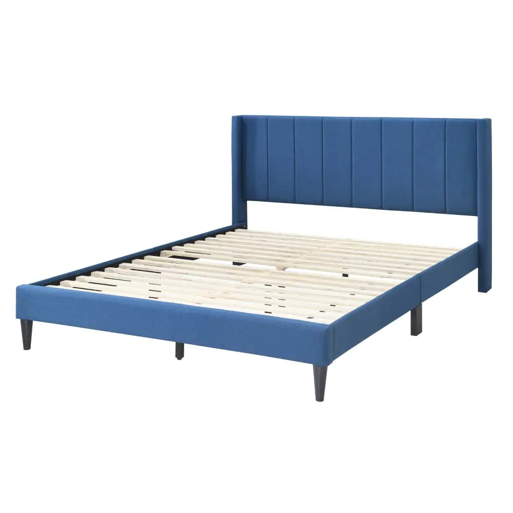 Samson Double Bed Winged Headboard Fabric Upholstered - Blue - Furniture > Bedroom