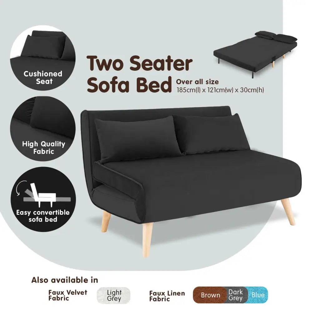 Sarantino 2-Seater Adjustable Sofa Bed Lounge Faux Velvet - Black - Furniture > Sofas