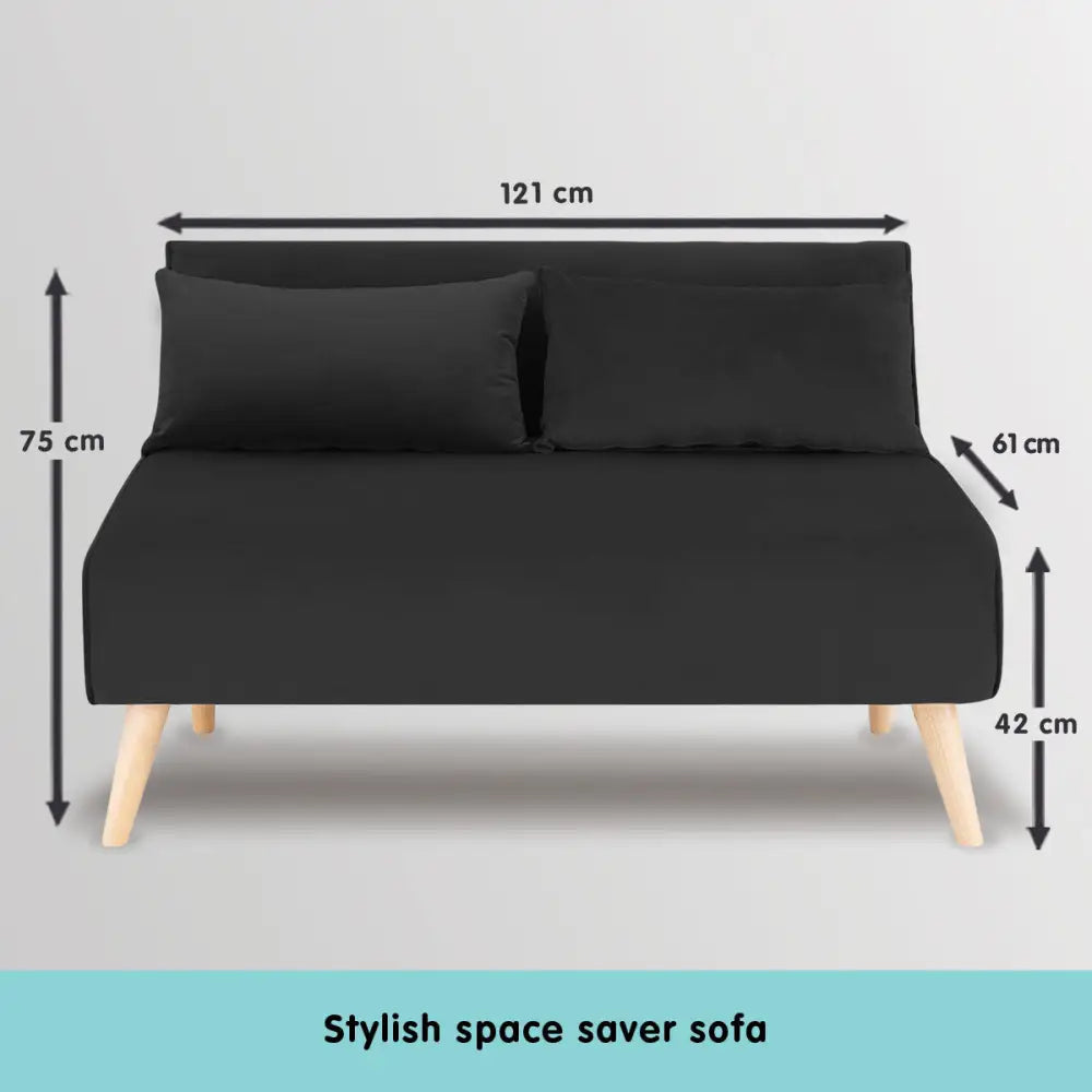 Sarantino 2-Seater Adjustable Sofa Bed Lounge Faux Velvet - Black - Furniture > Sofas