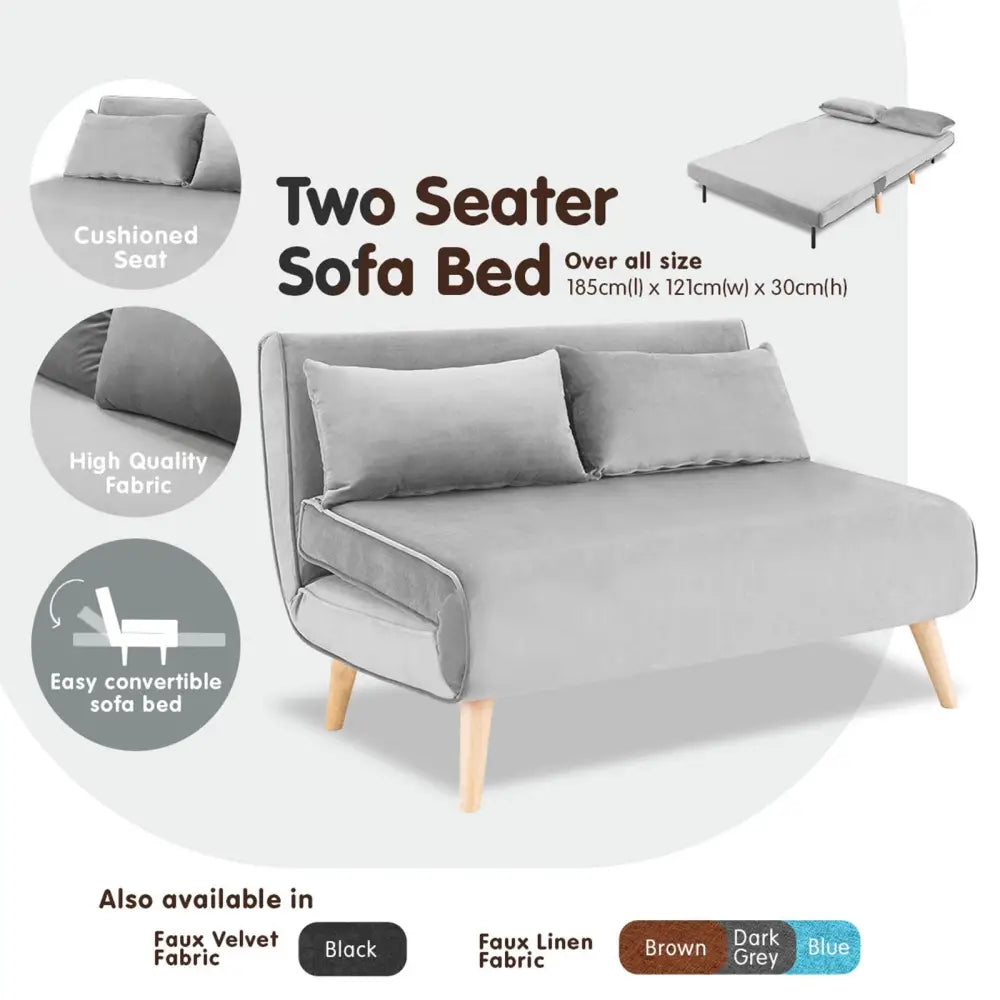 Sarantino 2-Seater Adjustable Sofa Bed Lounge Faux Velvet - Light Grey - Furniture > Sofas