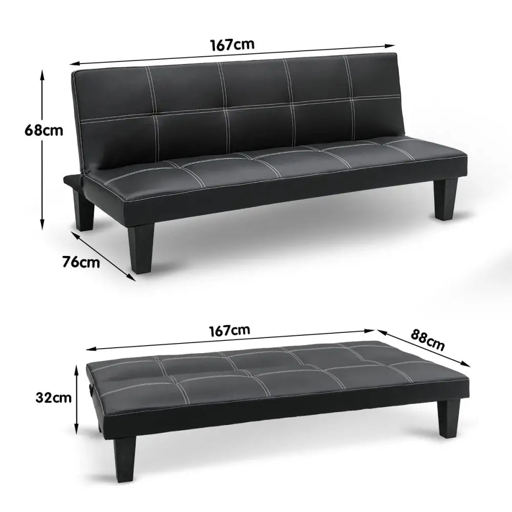 Sarantino 2 Seater Modular Faux Leather Fabric Sofa Bed Couch - Black - Furniture > Sofas