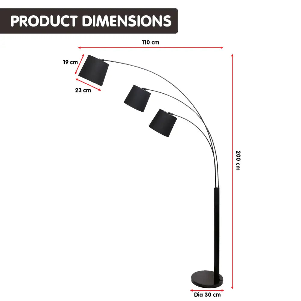 Sarantino 3-Light Arc Floor Lamp Adjustable Black 3 Shades - Home & Garden > Lighting