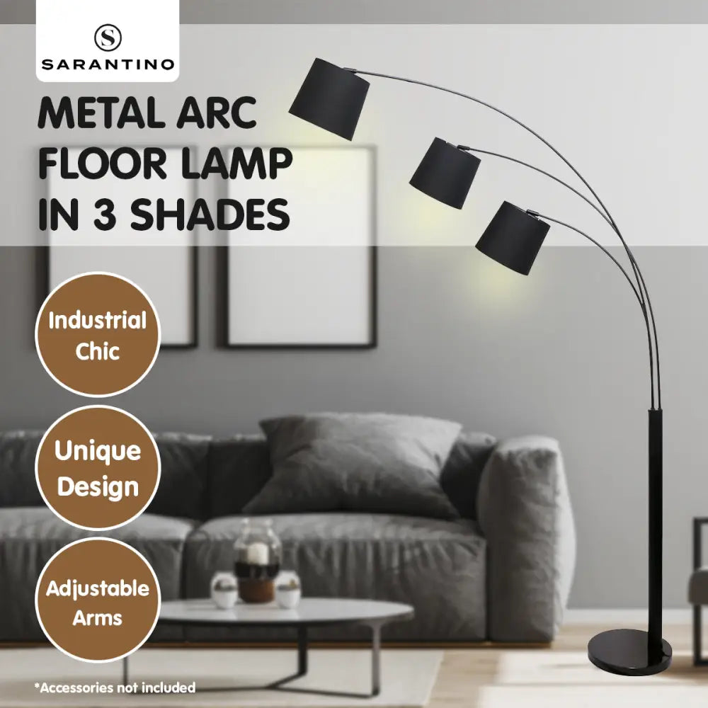 Sarantino 3-Light Arc Floor Lamp Adjustable Black 3 Shades - Home & Garden > Lighting