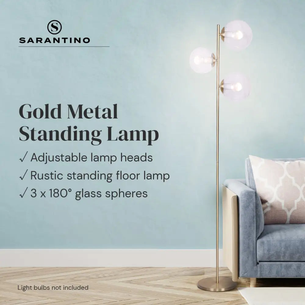 Sarantino 3-Light Gold Metal Floor Lamp with Glass Shades - Home & Garden > Lighting