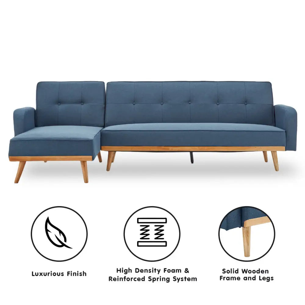Sarantino 3-Seater Corner Sofa Bed with Chaise Lounge - Blue - Furniture > Sofas