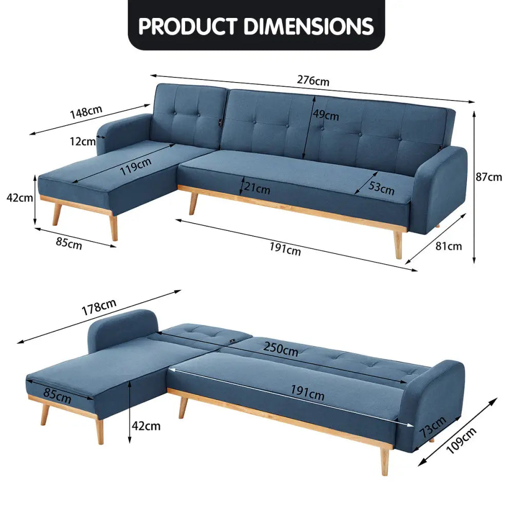 Sarantino 3-Seater Corner Sofa Bed with Chaise Lounge - Blue - Furniture > Sofas