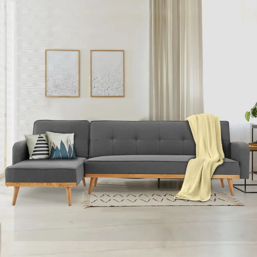 Sarantino 3-Seater Corner Sofa Bed with Chaise Lounge - Dark Grey - Furniture > Sofas