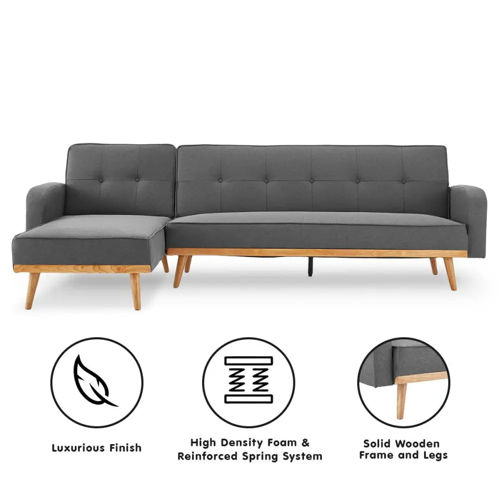 Sarantino 3-Seater Corner Sofa Bed with Chaise Lounge - Dark Grey - Furniture > Sofas
