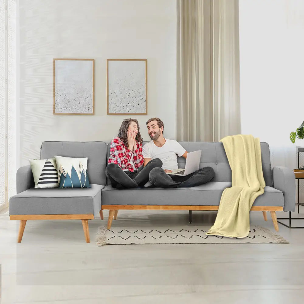 Sarantino 3-Seater Corner Sofa Bed with Chaise Lounge - Light Grey - Furniture > Bar Stools & Chairs > Arm Chairs &