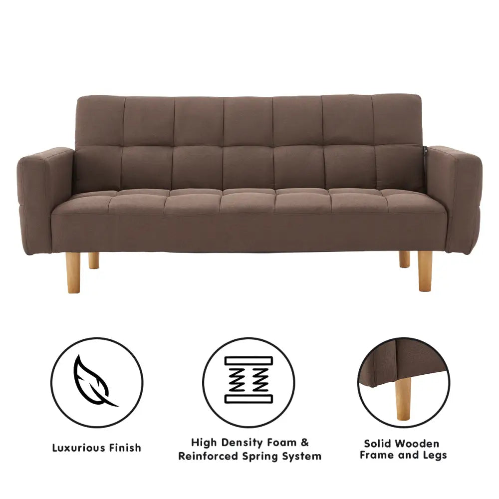 Sarantino 3-Seater Fabric Sofa Bed Futon - Brown - Furniture > Sofas