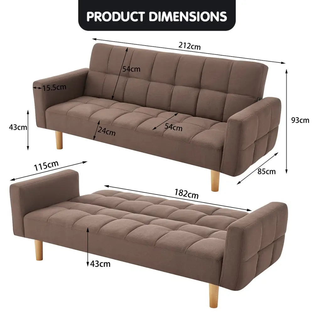 Sarantino 3-Seater Fabric Sofa Bed Futon - Brown - Furniture > Sofas
