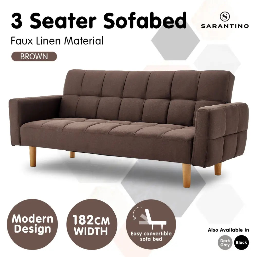 Sarantino 3-Seater Fabric Sofa Bed Futon - Brown - Furniture > Sofas