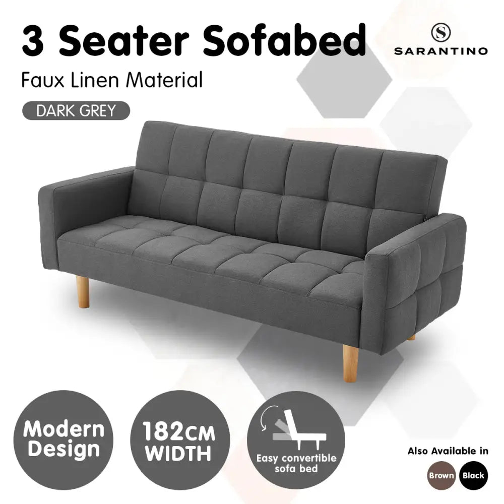 Sarantino 3-Seater Fabric Sofa Bed Futon - Dark Grey - Furniture > Sofas