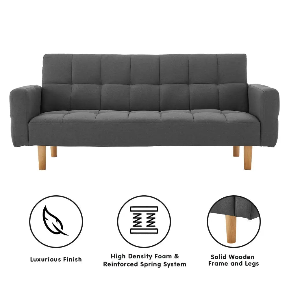 Sarantino 3-Seater Fabric Sofa Bed Futon - Dark Grey - Furniture > Sofas