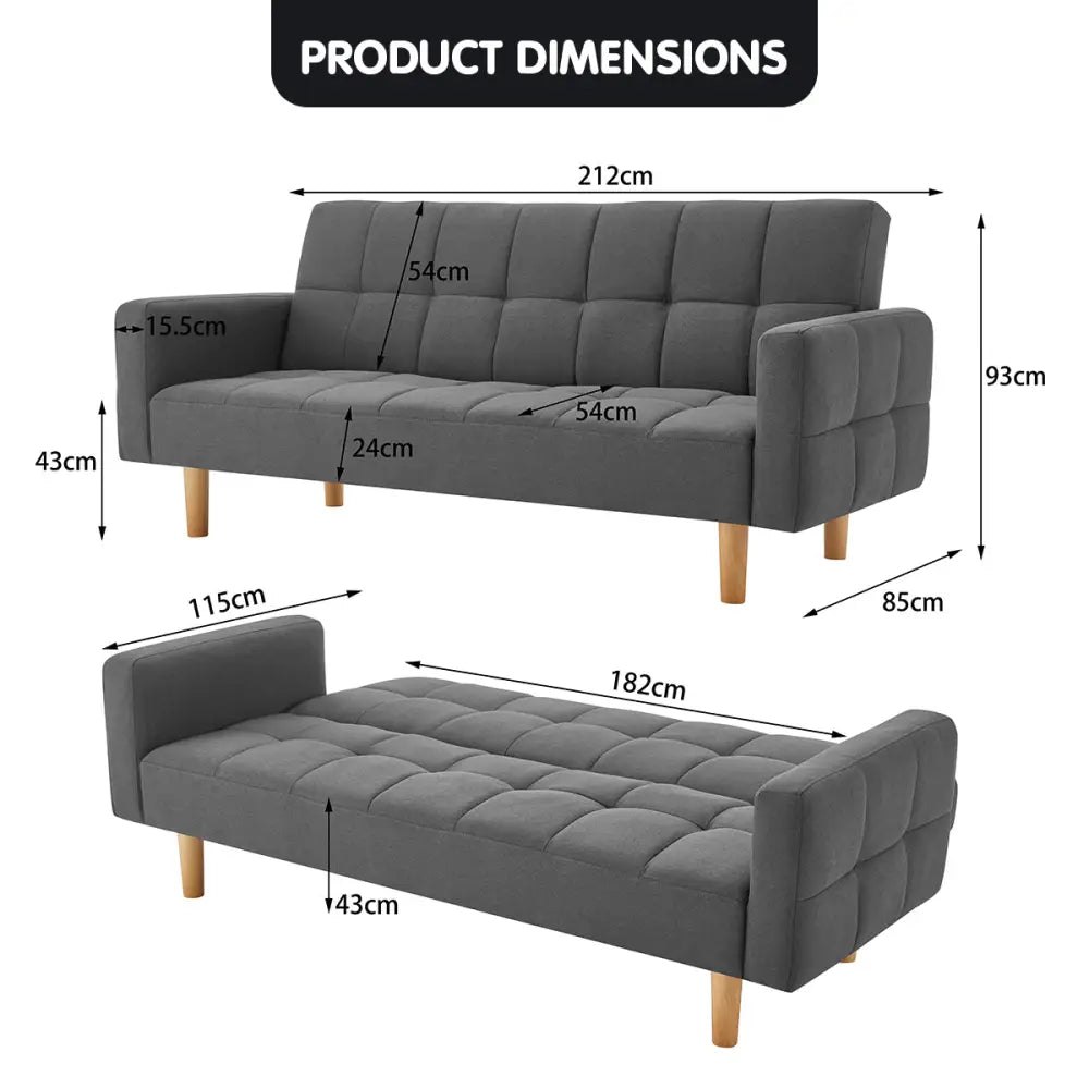 Sarantino 3-Seater Fabric Sofa Bed Futon - Dark Grey - Furniture > Sofas