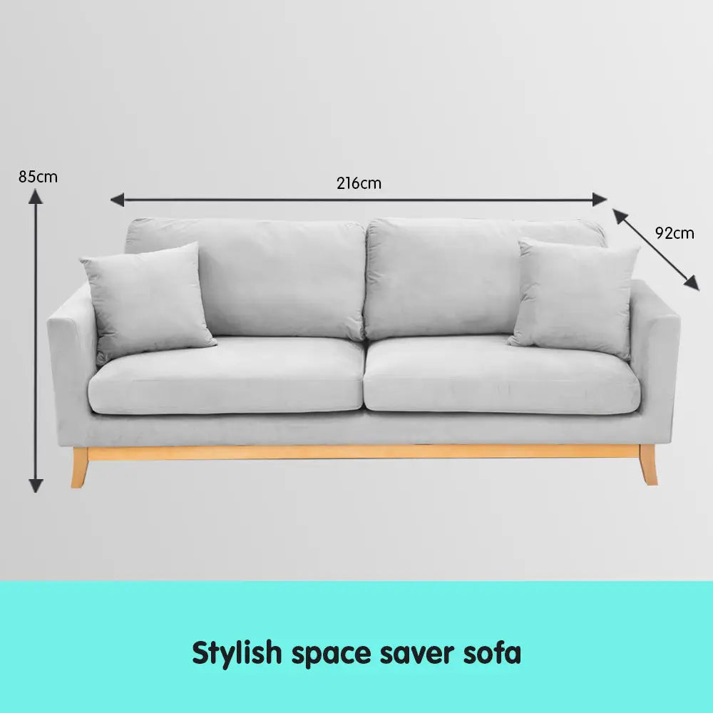 Sarantino 3 Seater Faux Velvet Sofa Bed Couch Furniture Light Grey - Furniture > Sofas