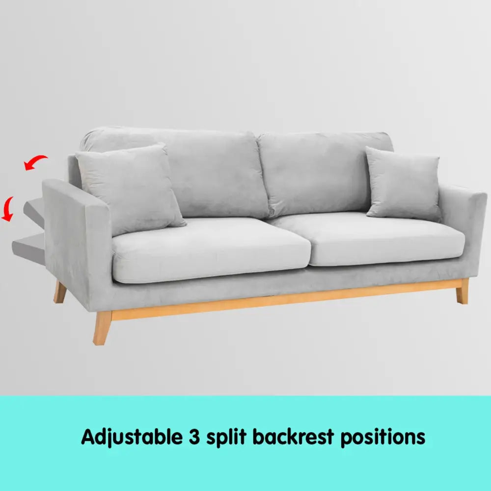Sarantino 3 Seater Faux Velvet Sofa Bed Couch Furniture Light Grey - Furniture > Sofas