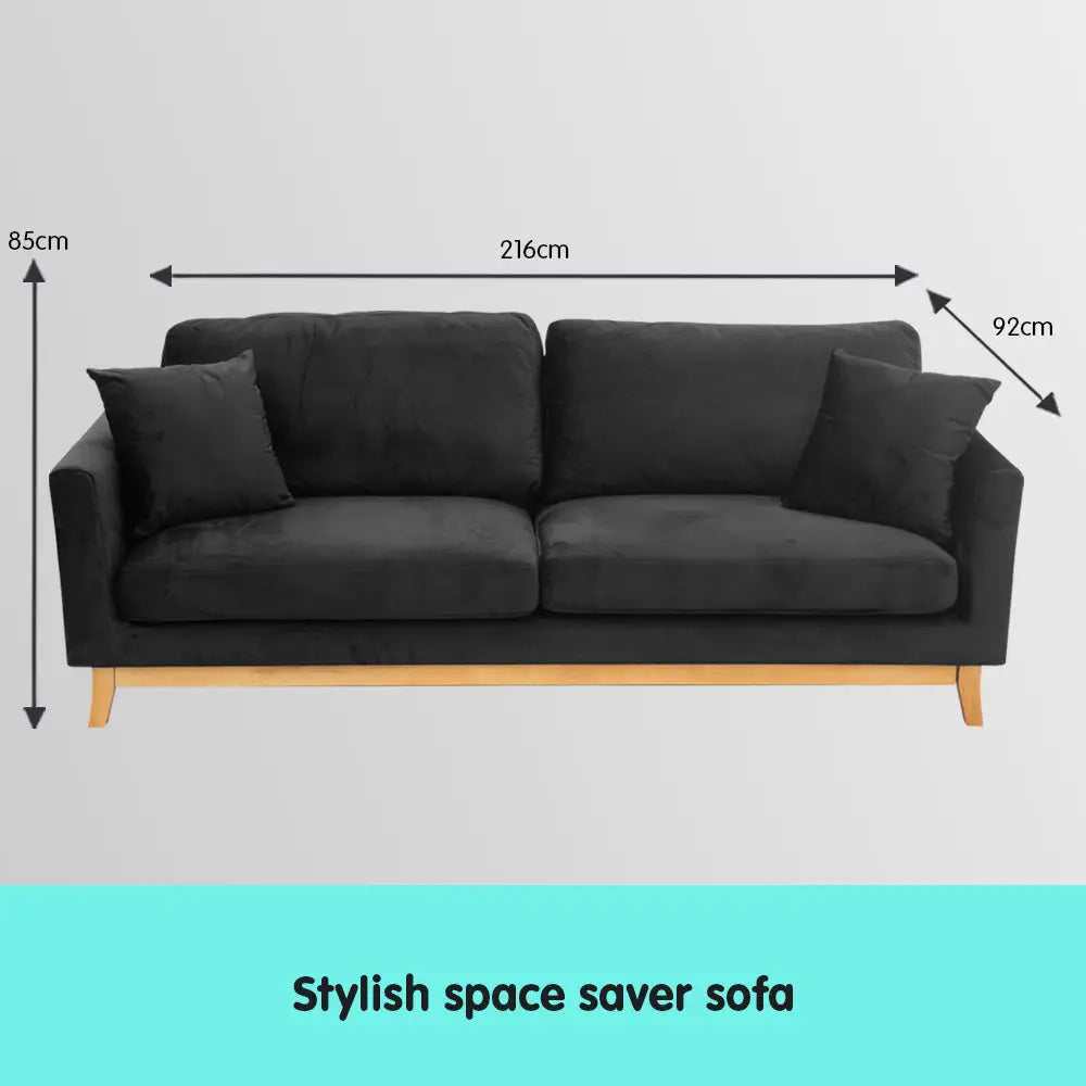 Sarantino 3 Seater Faux Velvet Wooden Sofa Bed Couch Furniture - Black - Furniture > Sofas