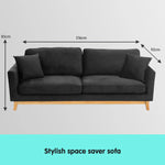 Sarantino 3 Seater Faux Velvet Wooden Sofa Bed Couch Furniture - Black - Furniture > Sofas