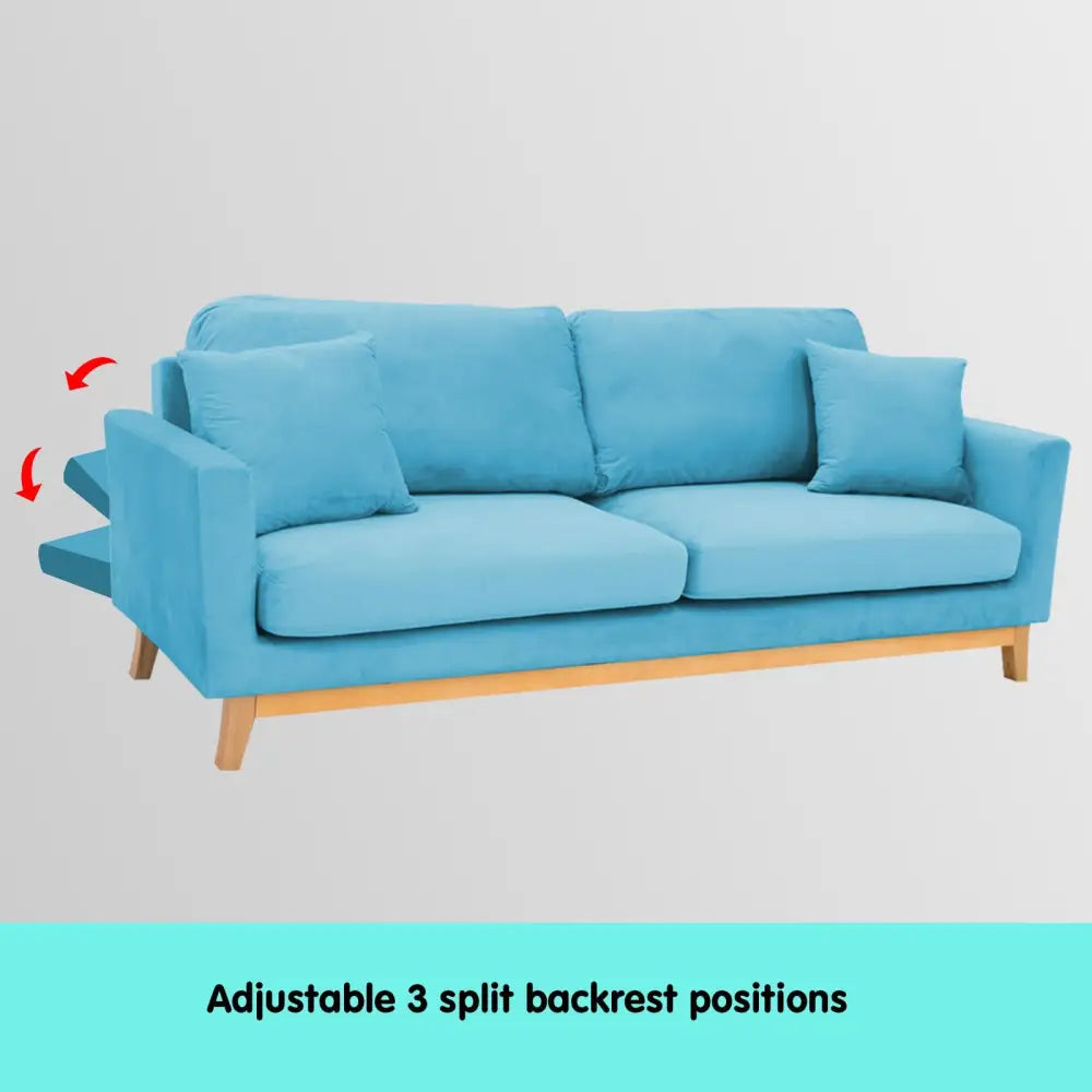 Sarantino 3 Seater Faux Velvet Wooden Sofa Bed Couch Furniture - Blue - Furniture > Sofas