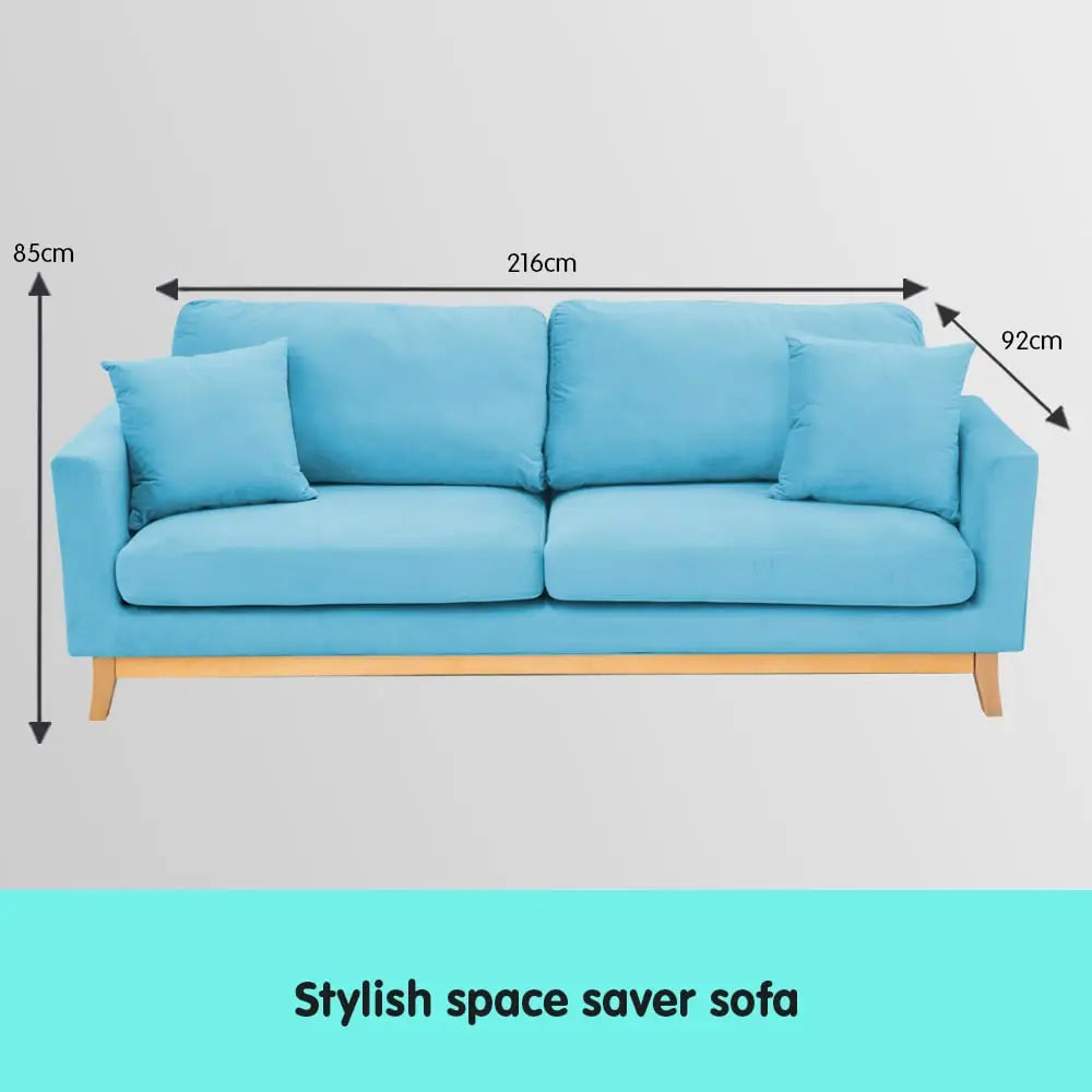 Sarantino 3 Seater Faux Velvet Wooden Sofa Bed Couch Furniture - Blue - Furniture > Sofas
