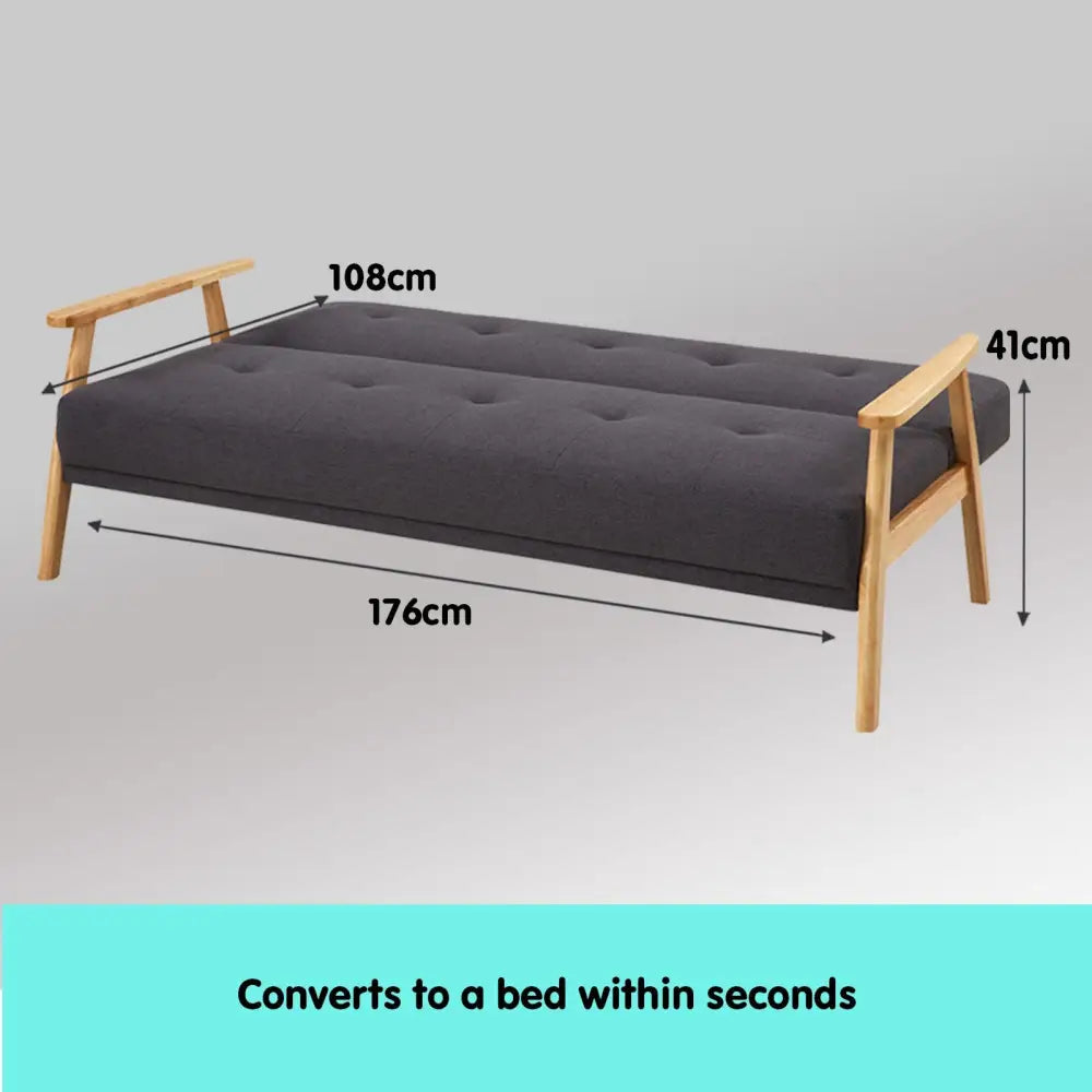 Sarantino 3 Seater Linen Fabric Wood Sofa Bed Lounge Couch Dark Grey - Furniture > Sofas
