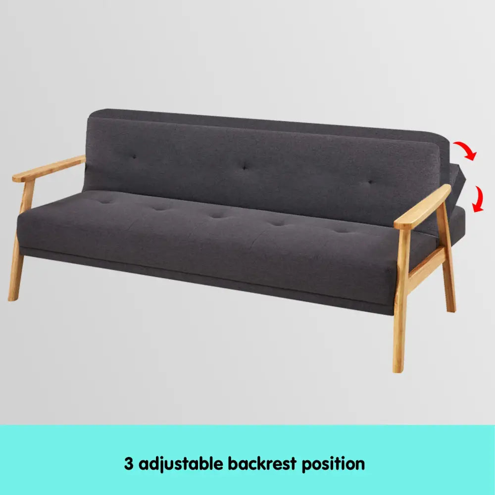 Sarantino 3 Seater Linen Fabric Wood Sofa Bed Lounge Couch Dark Grey - Furniture > Sofas