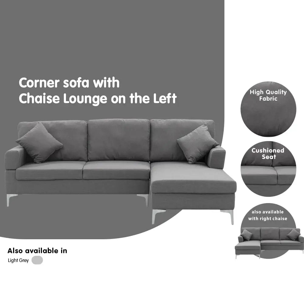 Sarantino 3 Seater Linen Sofa Lounge Left Side Chaise Couch Furniture Dark Grey L-shaped - Furniture > Sofas