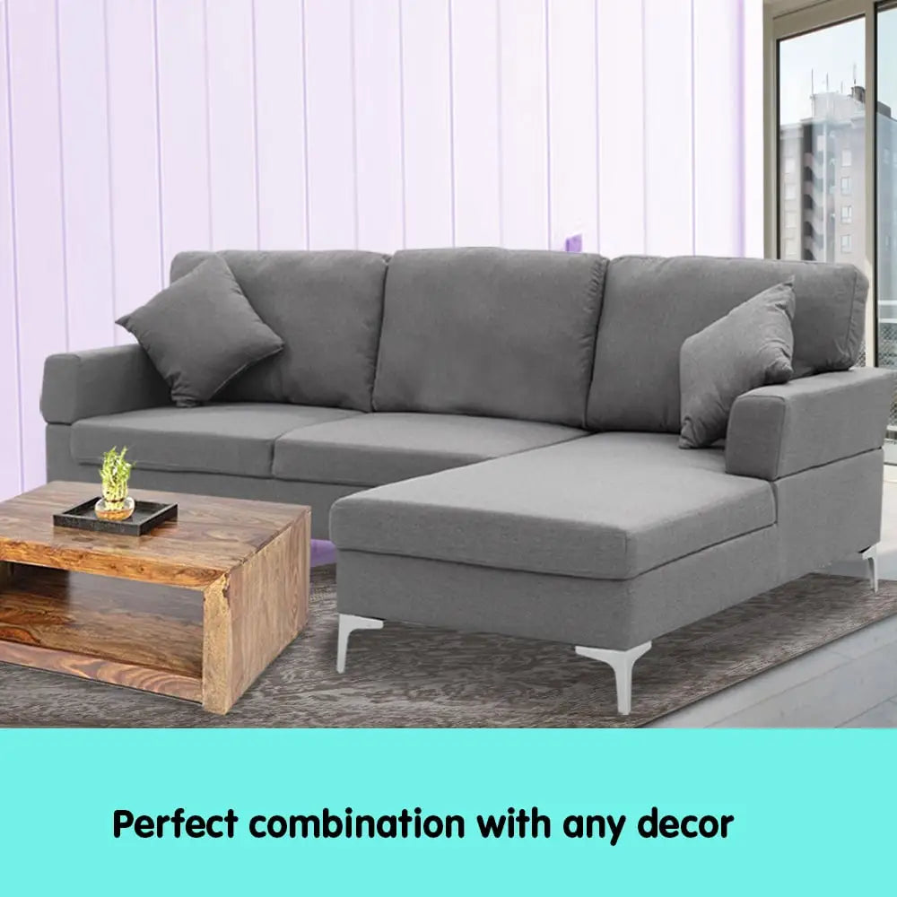 Sarantino 3 Seater Linen Sofa Lounge Left Side Chaise Couch Furniture Dark Grey L-shaped - Furniture > Sofas