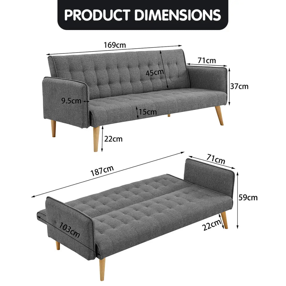 Sarantino 3 Seater Modular Linen Fabric Sofa Bed Couch Armrest Grey - Furniture > Sofas