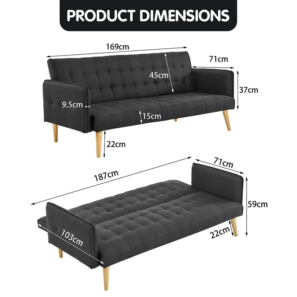Sarantino 3 Seater Modular Linen Fabric Sofa Bed Couch - Black - Furniture > Sofas