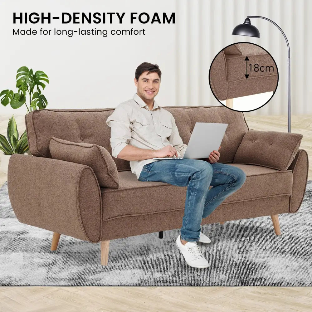 Sarantino 3 Seater Modular Linen Fabric Sofa Bed Couch Futon Suite - Brown - Furniture > Sofas > Sofas & Sofa Beds