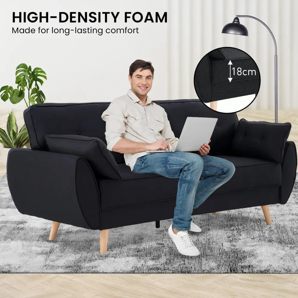 Sarantino 3 Seater Modular Linen Fabric Sofa Bed Couch Futon Suite - Black - Furniture > Sofas