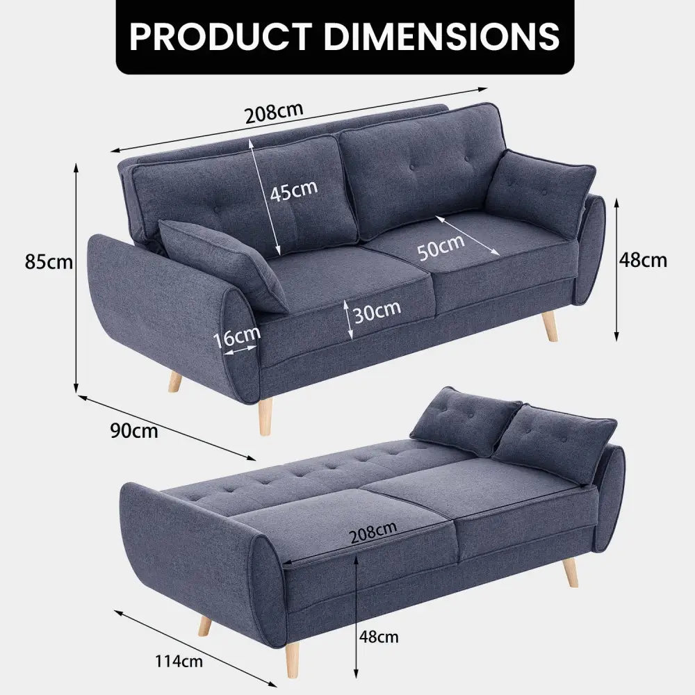 Sarantino 3 Seater Modular Linen Fabric Sofa Bed Couch Futon Suite - Dark Grey - Furniture > Sofas