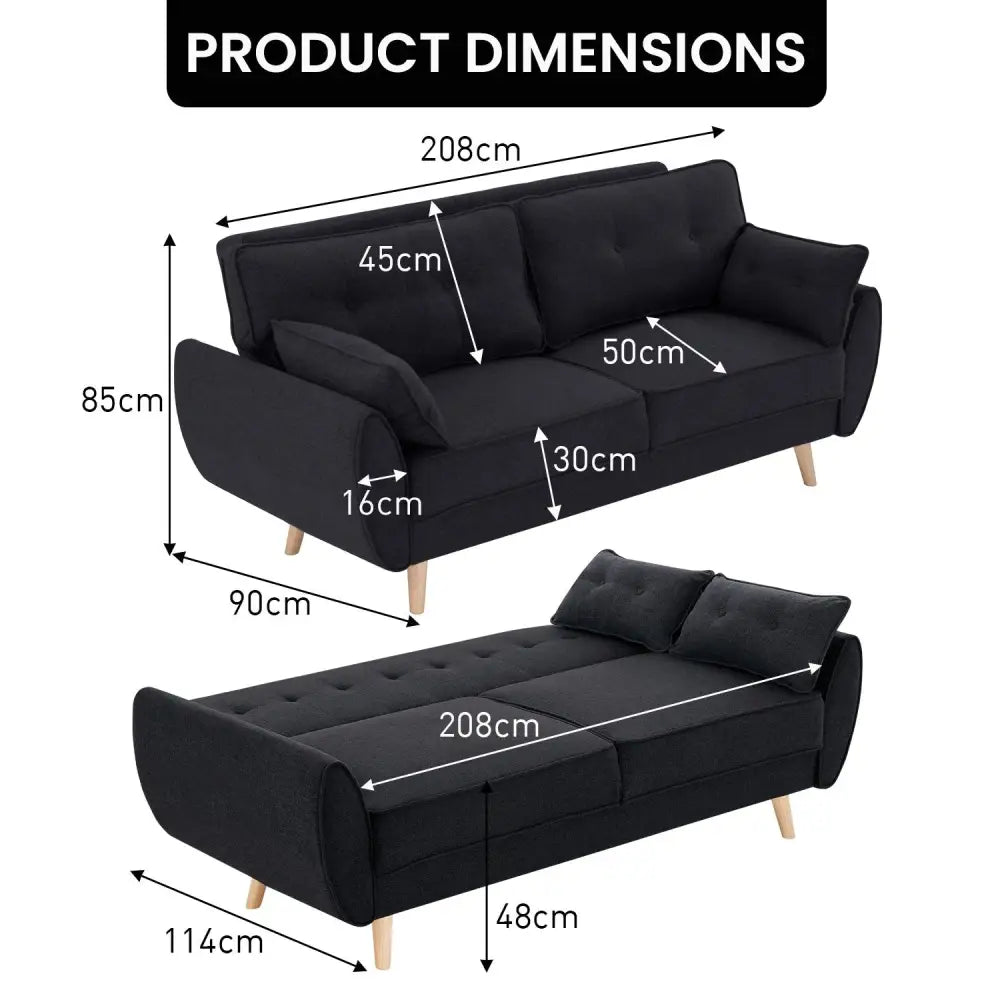 Sarantino 3 Seater Modular Linen Fabric Sofa Bed Couch Futon Suite - Black - Furniture > Sofas