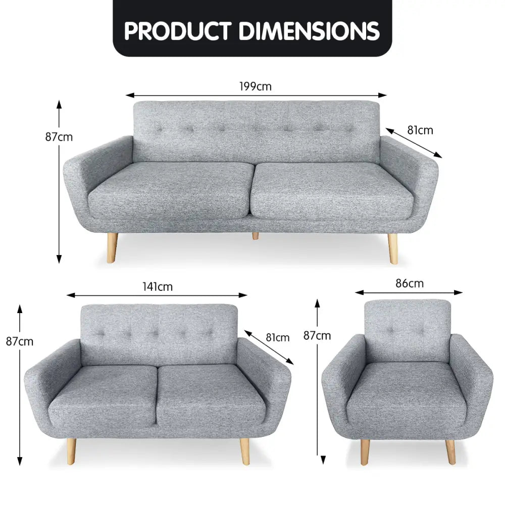 Sarantino 6-Seater Linen Sofa Set Couch Futon - Light Grey - Furniture > Sofas