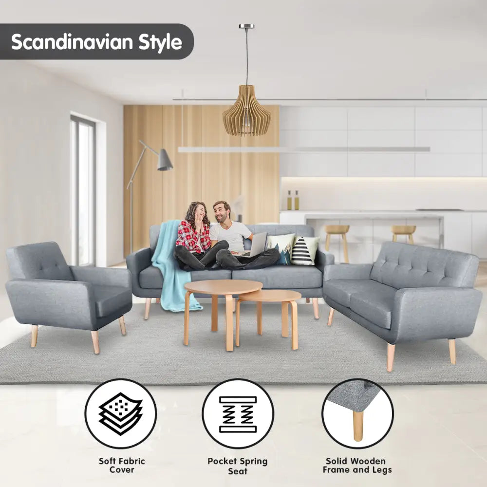 Sarantino 6-Seater Linen Sofa Set Couch Futon - Light Grey - Furniture > Sofas
