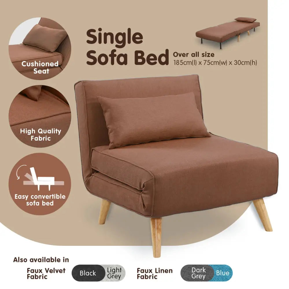 Sarantino Adjustable Chair Single Sofa Bed Faux Linen - Brown - Furniture > Sofas
